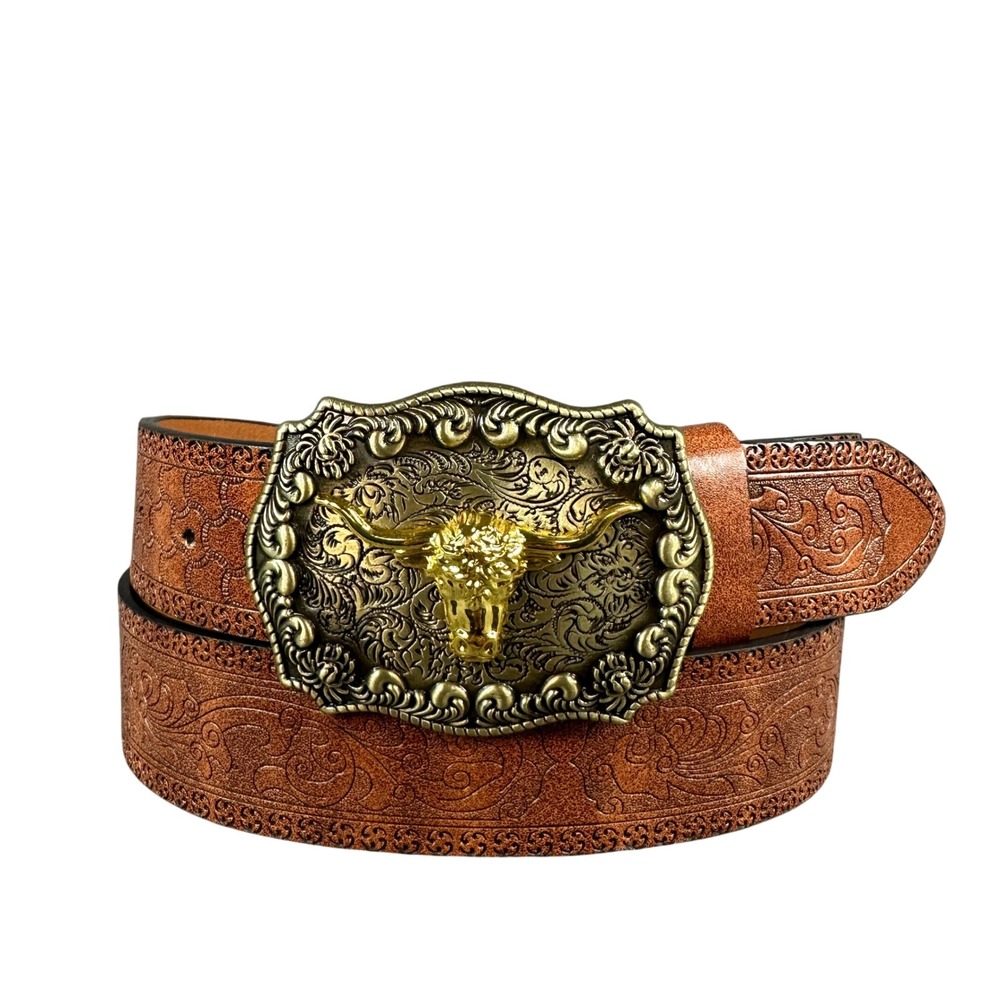 Western Brown Embossed Leather Belt Ornate Brass Longhorn Bull Trophy Buckle